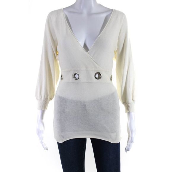 Chloe Sweaters - Chloe Womens Rivet Waist Surplice Dolman Sleeve Sweater Ivory Size Extra Small